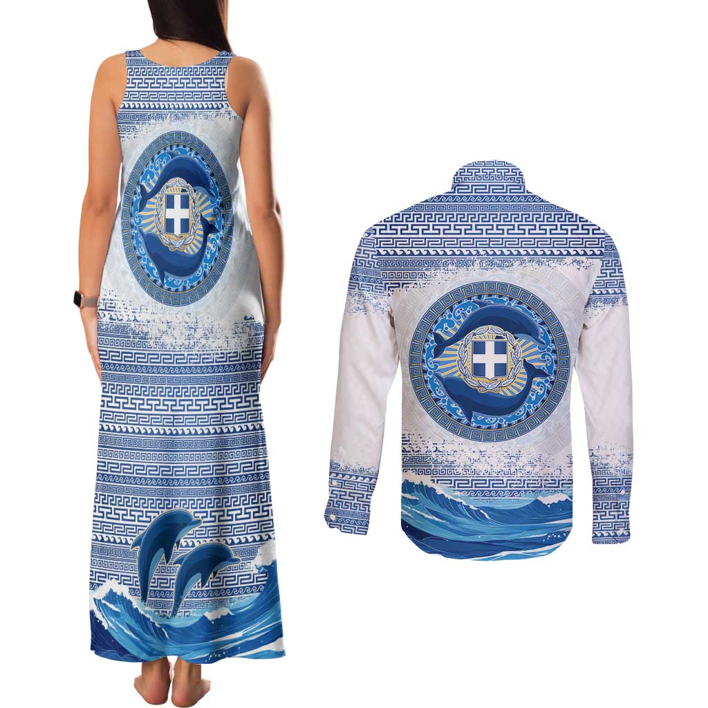 Greece Dolphin Couples Matching Tank Maxi Dress and Long Sleeve Button Shirt with Greek Key Pattern and Ocean Wave Design