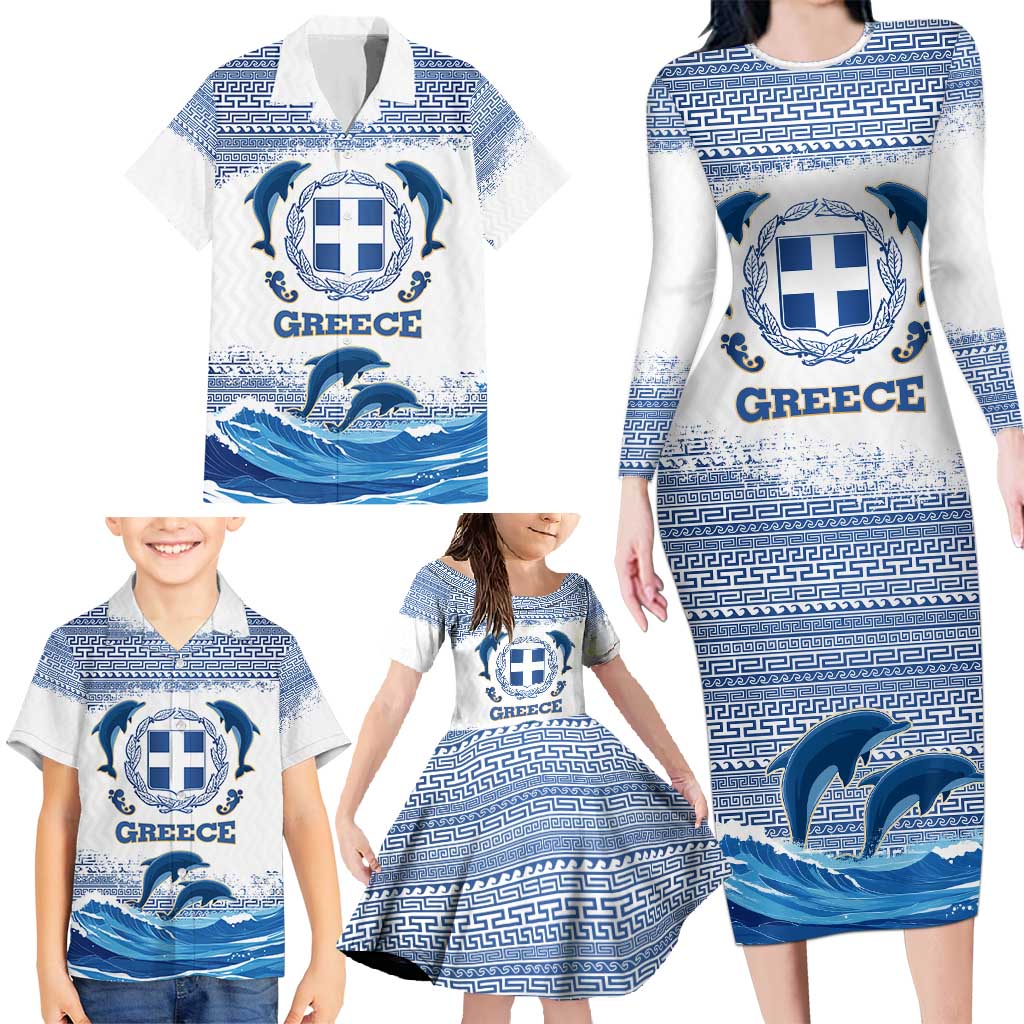 Greece Dolphin Family Matching Long Sleeve Bodycon Dress and Hawaiian Shirt with Greek Key Pattern and Ocean Wave Design