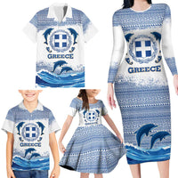 Greece Dolphin Family Matching Long Sleeve Bodycon Dress and Hawaiian Shirt with Greek Key Pattern and Ocean Wave Design