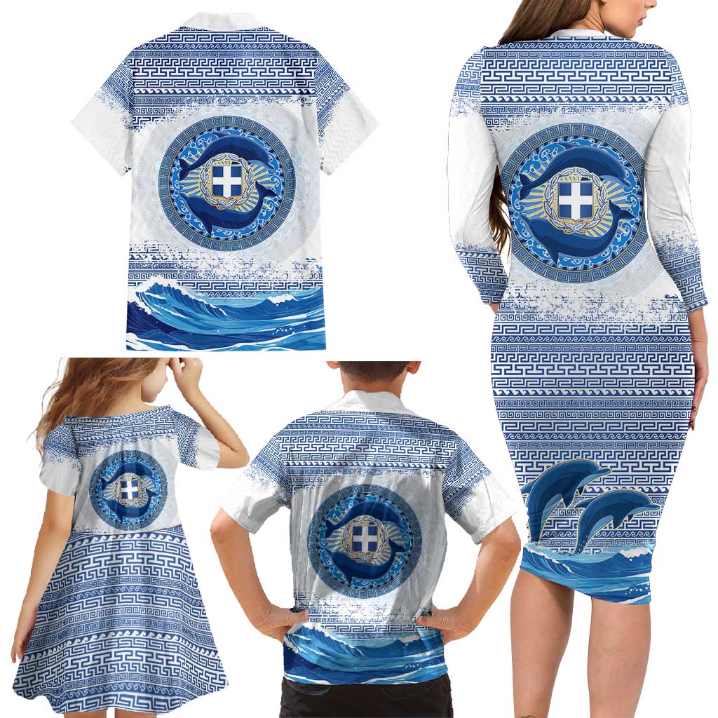 Greece Dolphin Family Matching Long Sleeve Bodycon Dress and Hawaiian Shirt with Greek Key Pattern and Ocean Wave Design