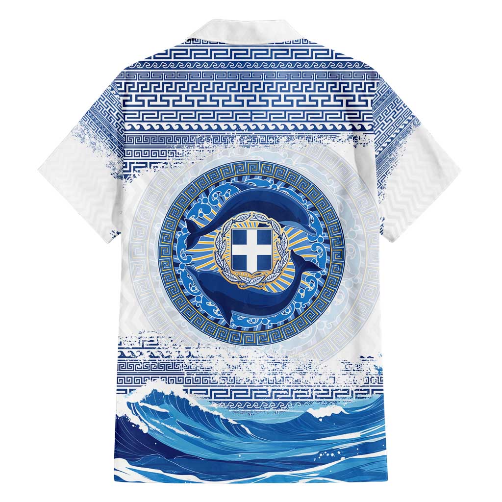 Greece Dolphin Family Matching Long Sleeve Bodycon Dress and Hawaiian Shirt with Greek Key Pattern and Ocean Wave Design