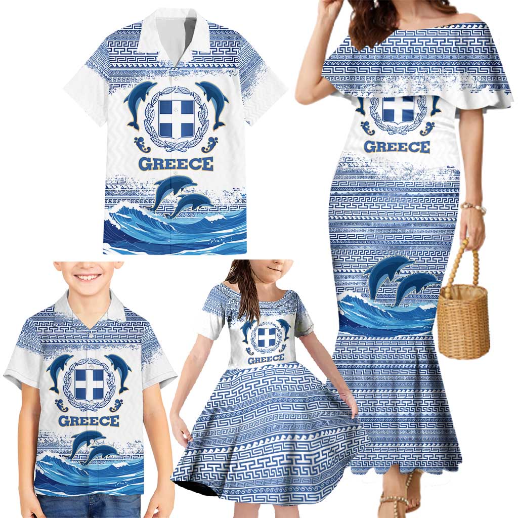 Greece Dolphin Family Matching Mermaid Dress and Hawaiian Shirt with Greek Key Pattern and Ocean Wave Design