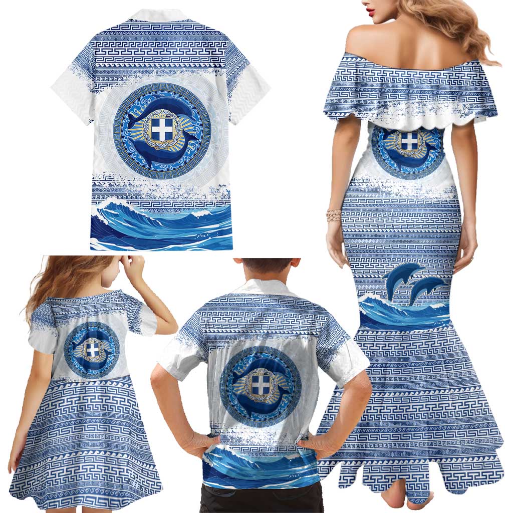 Greece Dolphin Family Matching Mermaid Dress and Hawaiian Shirt with Greek Key Pattern and Ocean Wave Design