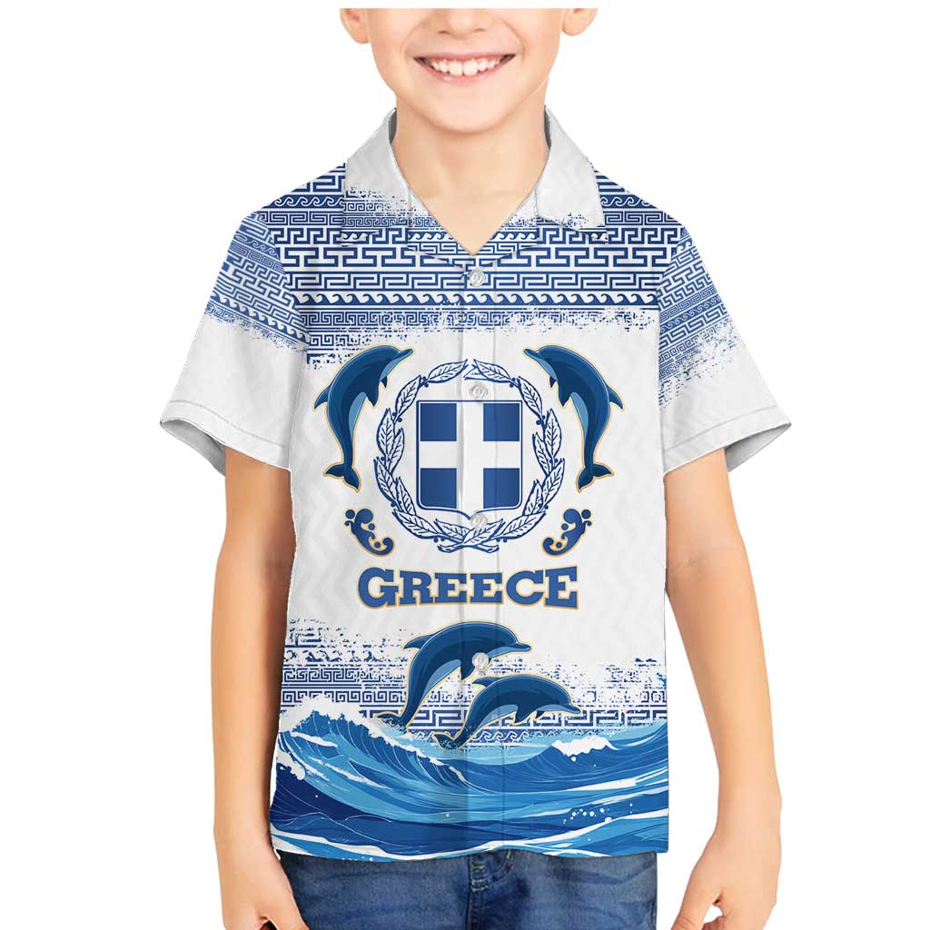 Greece Dolphin Family Matching Mermaid Dress and Hawaiian Shirt with Greek Key Pattern and Ocean Wave Design