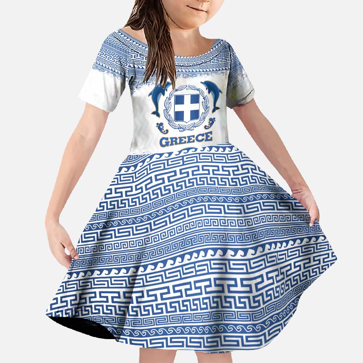 Greece Dolphin Family Matching Off The Shoulder Long Sleeve Dress and Hawaiian Shirt with Greek Key Pattern and Ocean Wave Design