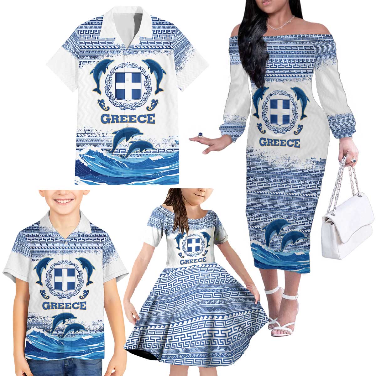 Greece Dolphin Family Matching Off The Shoulder Long Sleeve Dress and Hawaiian Shirt with Greek Key Pattern and Ocean Wave Design