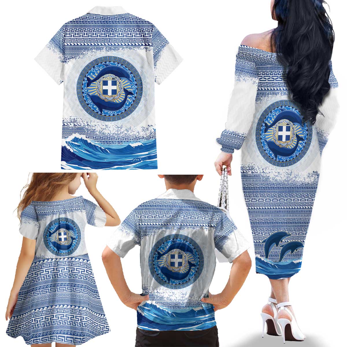 Greece Dolphin Family Matching Off The Shoulder Long Sleeve Dress and Hawaiian Shirt with Greek Key Pattern and Ocean Wave Design