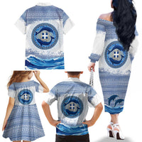 Greece Dolphin Family Matching Off The Shoulder Long Sleeve Dress and Hawaiian Shirt with Greek Key Pattern and Ocean Wave Design