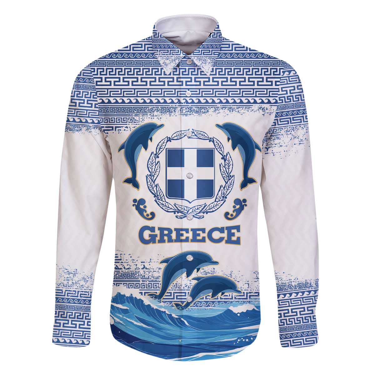 Greece Dolphin Family Matching Off The Shoulder Long Sleeve Dress and Hawaiian Shirt with Greek Key Pattern and Ocean Wave Design