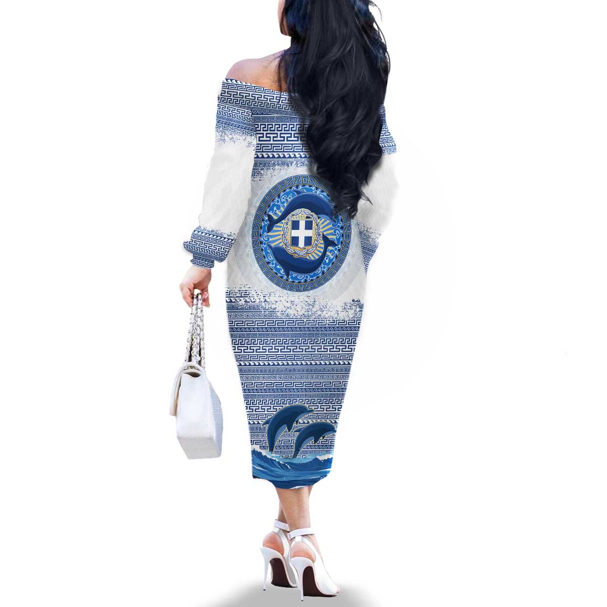 Greece Dolphin Family Matching Off The Shoulder Long Sleeve Dress and Hawaiian Shirt with Greek Key Pattern and Ocean Wave Design