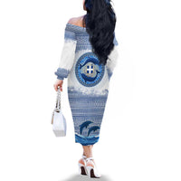 Greece Dolphin Family Matching Off The Shoulder Long Sleeve Dress and Hawaiian Shirt with Greek Key Pattern and Ocean Wave Design