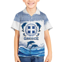 Greece Dolphin Family Matching Off The Shoulder Long Sleeve Dress and Hawaiian Shirt with Greek Key Pattern and Ocean Wave Design