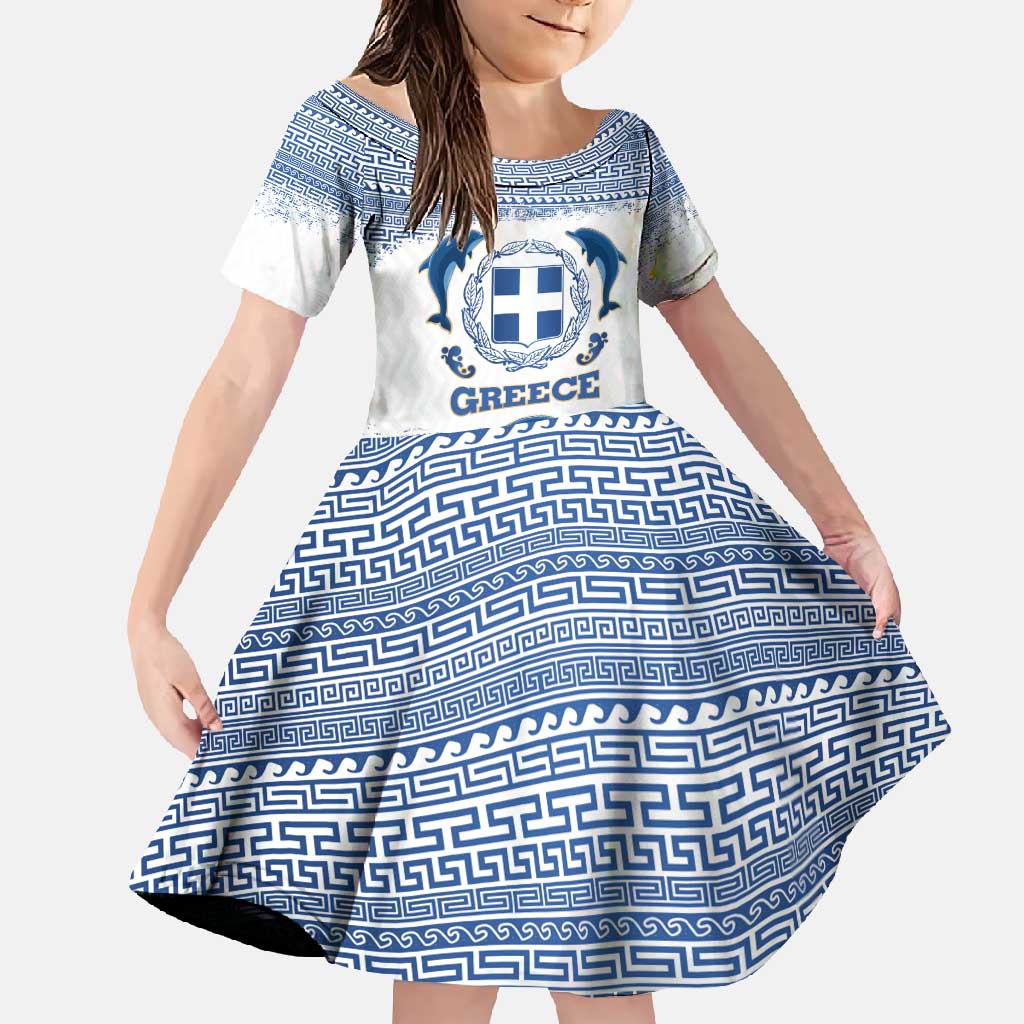 Greece Dolphin Family Matching Off Shoulder Maxi Dress and Hawaiian Shirt with Greek Key Pattern and Ocean Wave Design