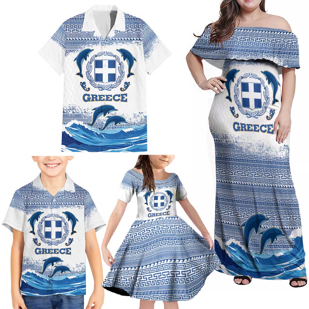 Greece Dolphin Family Matching Off Shoulder Maxi Dress and Hawaiian Shirt with Greek Key Pattern and Ocean Wave Design