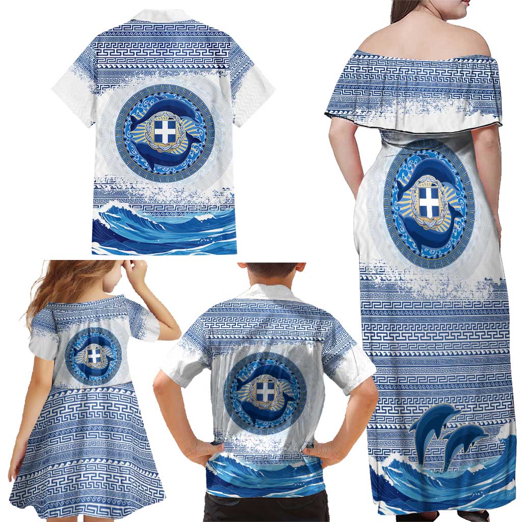 Greece Dolphin Family Matching Off Shoulder Maxi Dress and Hawaiian Shirt with Greek Key Pattern and Ocean Wave Design