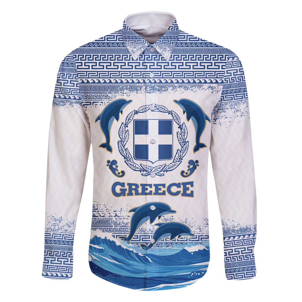 Greece Dolphin Family Matching Off Shoulder Maxi Dress and Hawaiian Shirt with Greek Key Pattern and Ocean Wave Design
