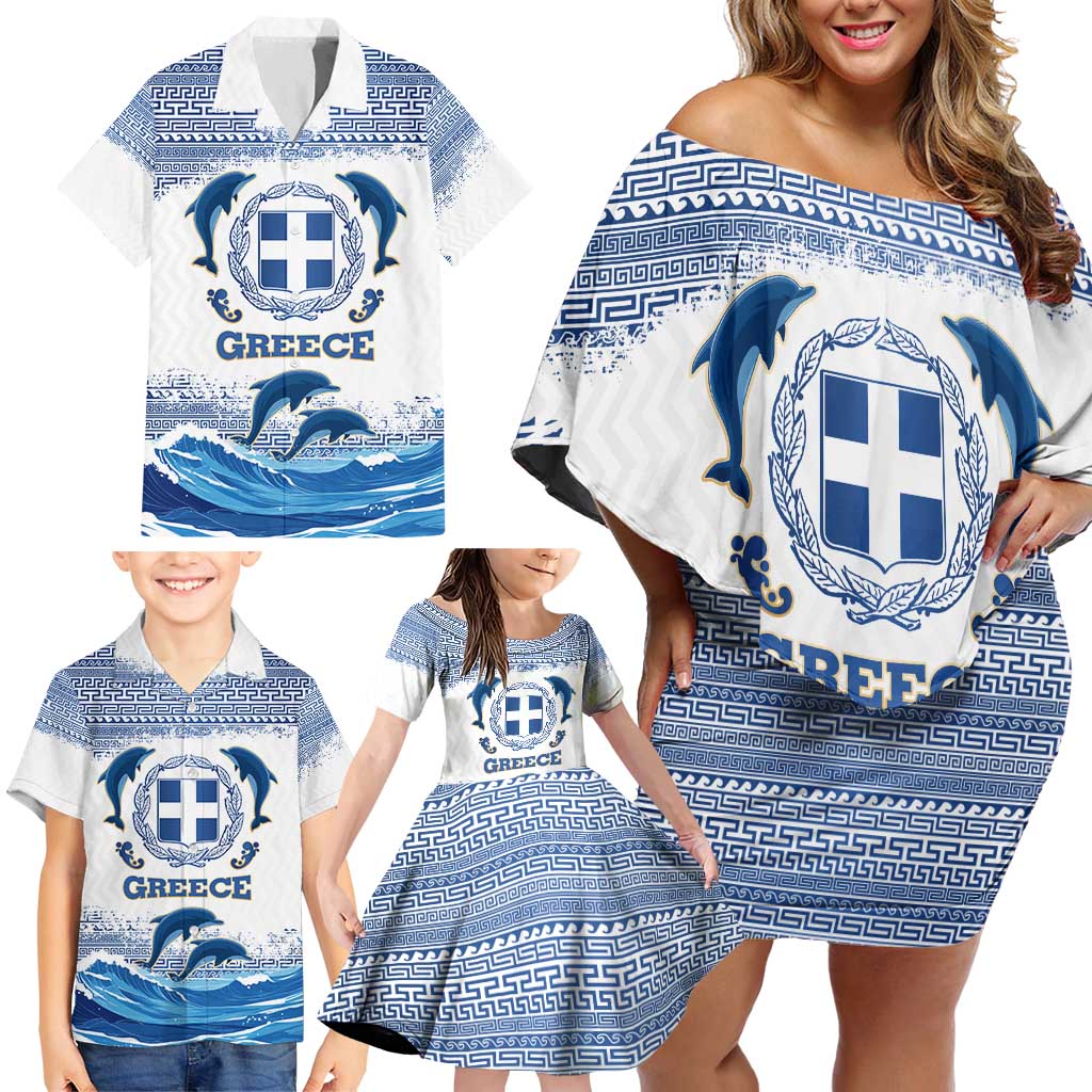 Greece Dolphin Family Matching Off Shoulder Short Dress and Hawaiian Shirt with Greek Key Pattern and Ocean Wave Design