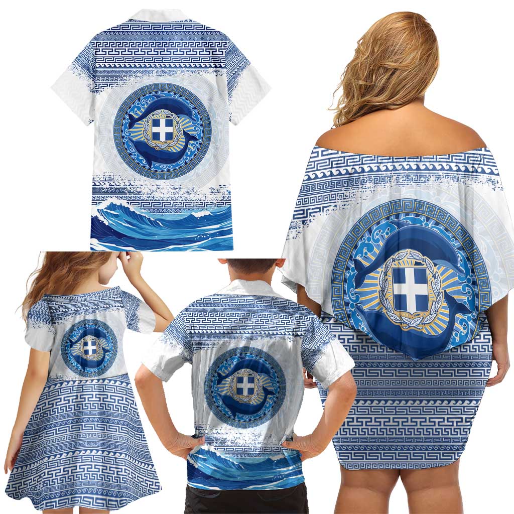 Greece Dolphin Family Matching Off Shoulder Short Dress and Hawaiian Shirt with Greek Key Pattern and Ocean Wave Design