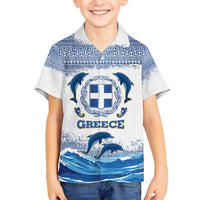Greece Dolphin Family Matching Off Shoulder Short Dress and Hawaiian Shirt with Greek Key Pattern and Ocean Wave Design