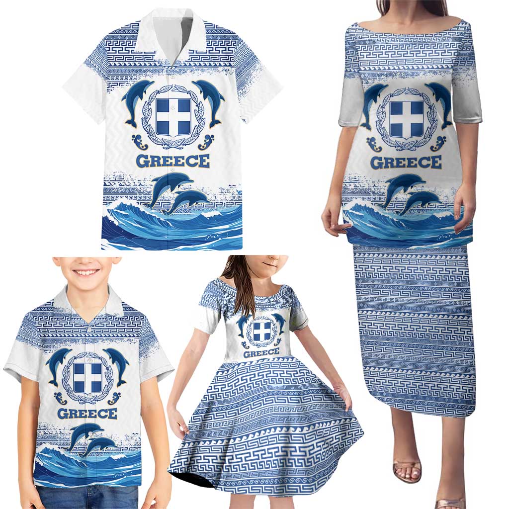 Greece Dolphin Family Matching Puletasi and Hawaiian Shirt with Greek Key Pattern and Ocean Wave Design