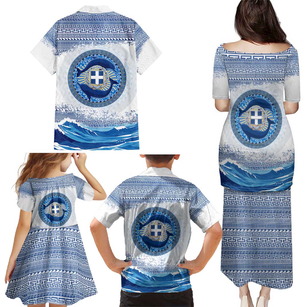 Greece Dolphin Family Matching Puletasi and Hawaiian Shirt with Greek Key Pattern and Ocean Wave Design
