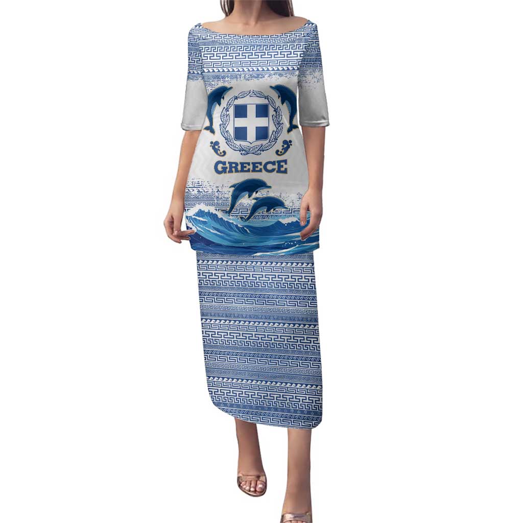 Greece Dolphin Family Matching Puletasi and Hawaiian Shirt with Greek Key Pattern and Ocean Wave Design