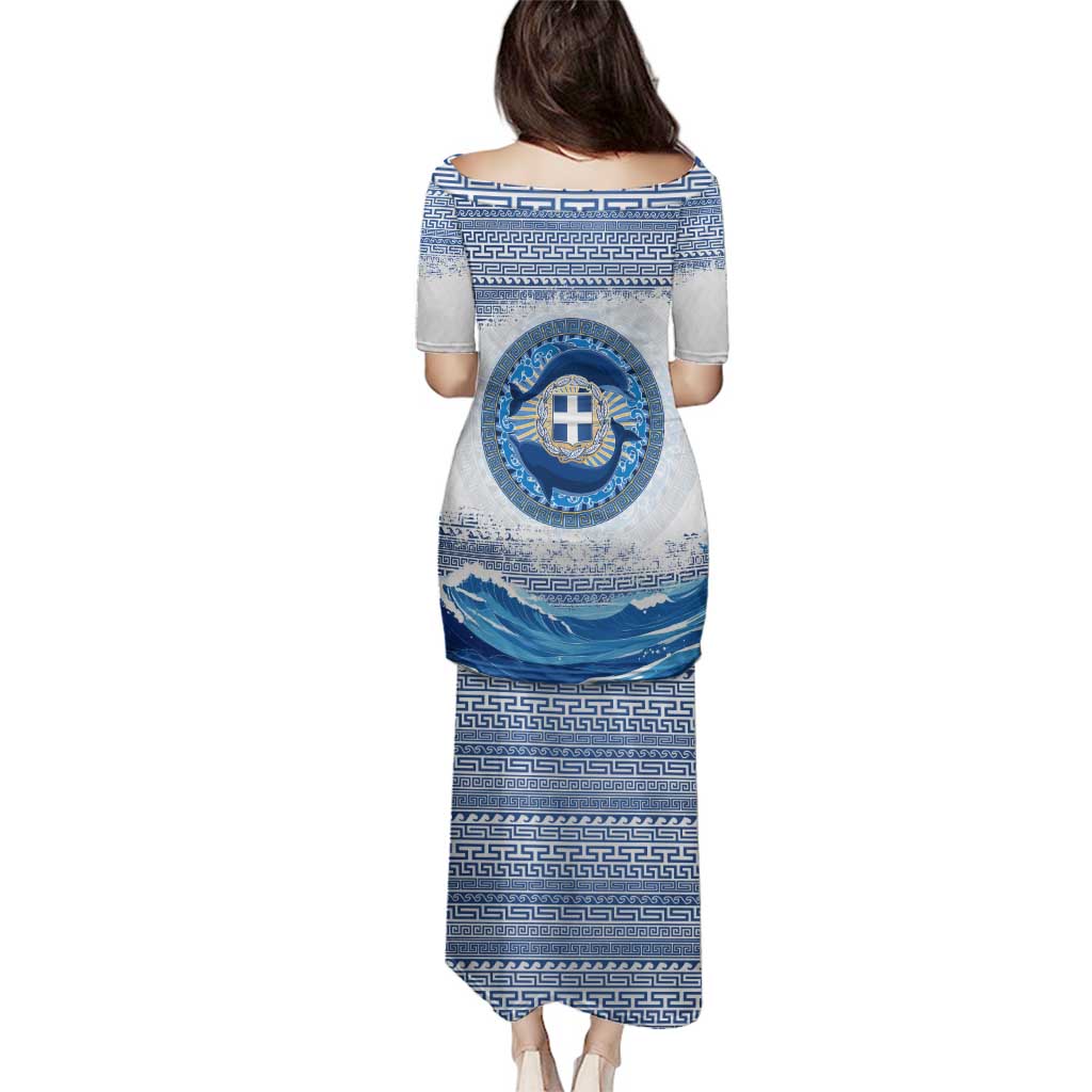 Greece Dolphin Family Matching Puletasi and Hawaiian Shirt with Greek Key Pattern and Ocean Wave Design