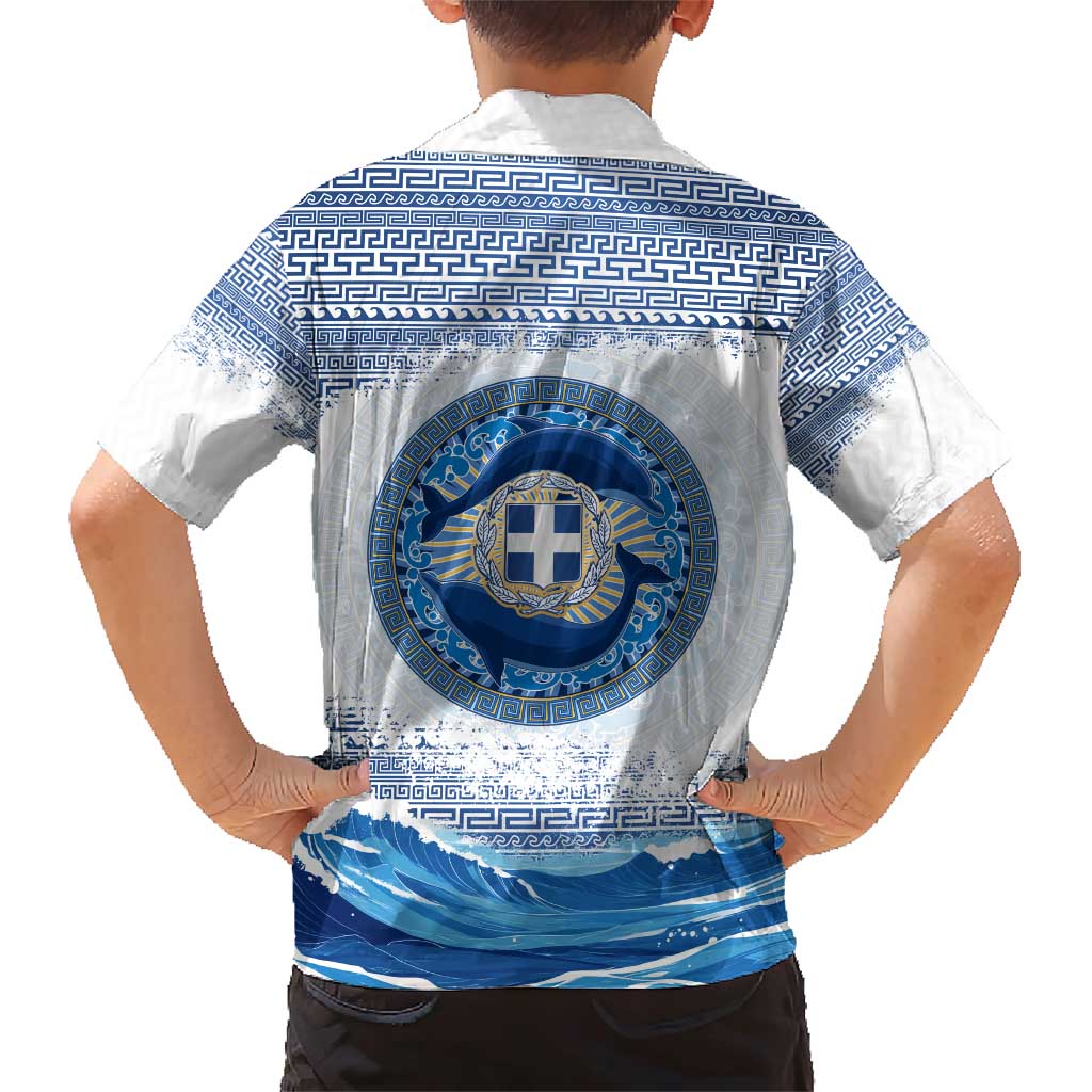 Greece Dolphin Family Matching Short Sleeve Bodycon Dress and Hawaiian Shirt with Greek Key Pattern and Ocean Wave Design