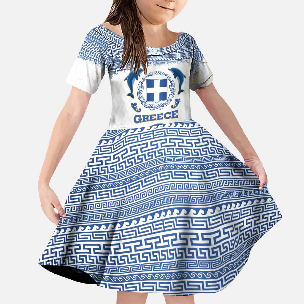Greece Dolphin Family Matching Short Sleeve Bodycon Dress and Hawaiian Shirt with Greek Key Pattern and Ocean Wave Design