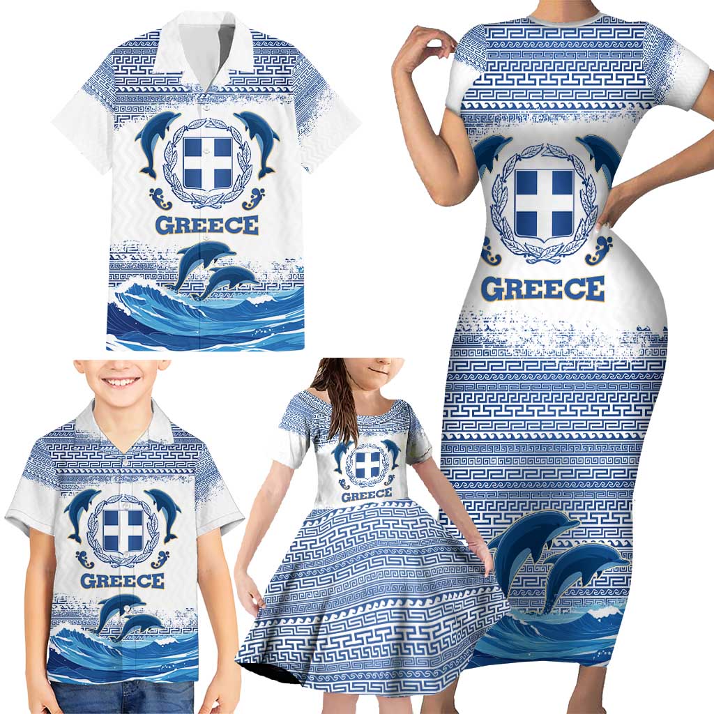 Greece Dolphin Family Matching Short Sleeve Bodycon Dress and Hawaiian Shirt with Greek Key Pattern and Ocean Wave Design