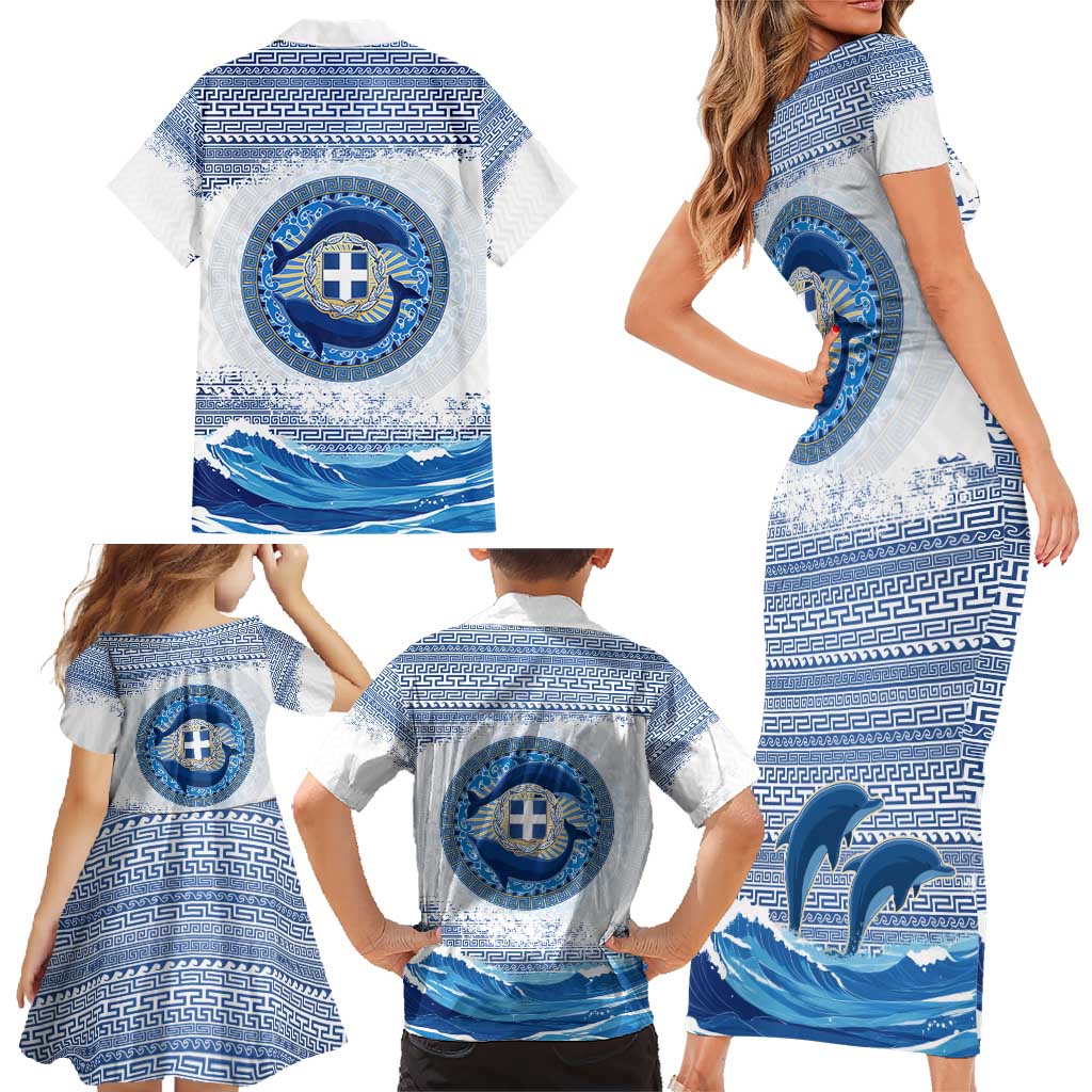 Greece Dolphin Family Matching Short Sleeve Bodycon Dress and Hawaiian Shirt with Greek Key Pattern and Ocean Wave Design