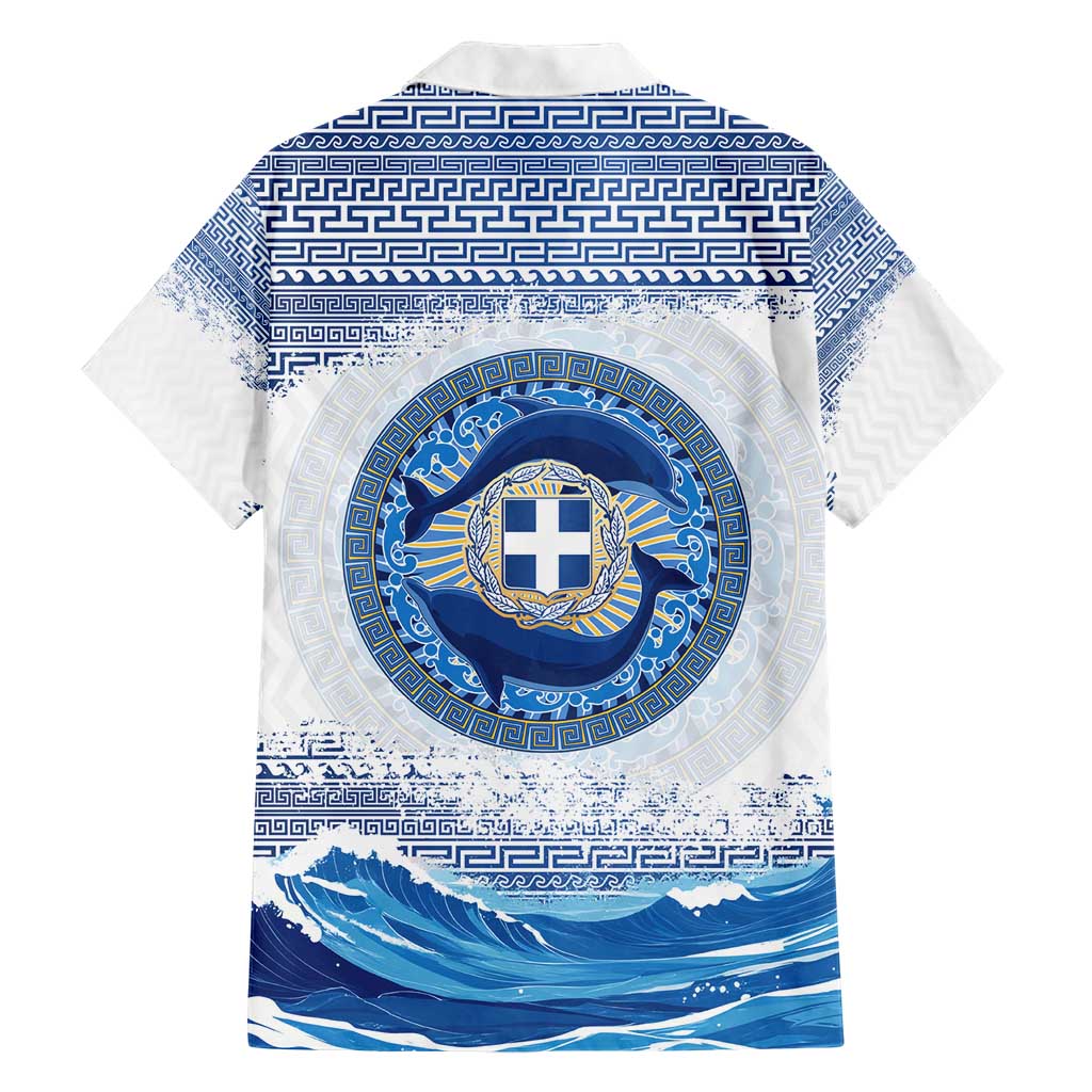 Greece Dolphin Family Matching Short Sleeve Bodycon Dress and Hawaiian Shirt with Greek Key Pattern and Ocean Wave Design
