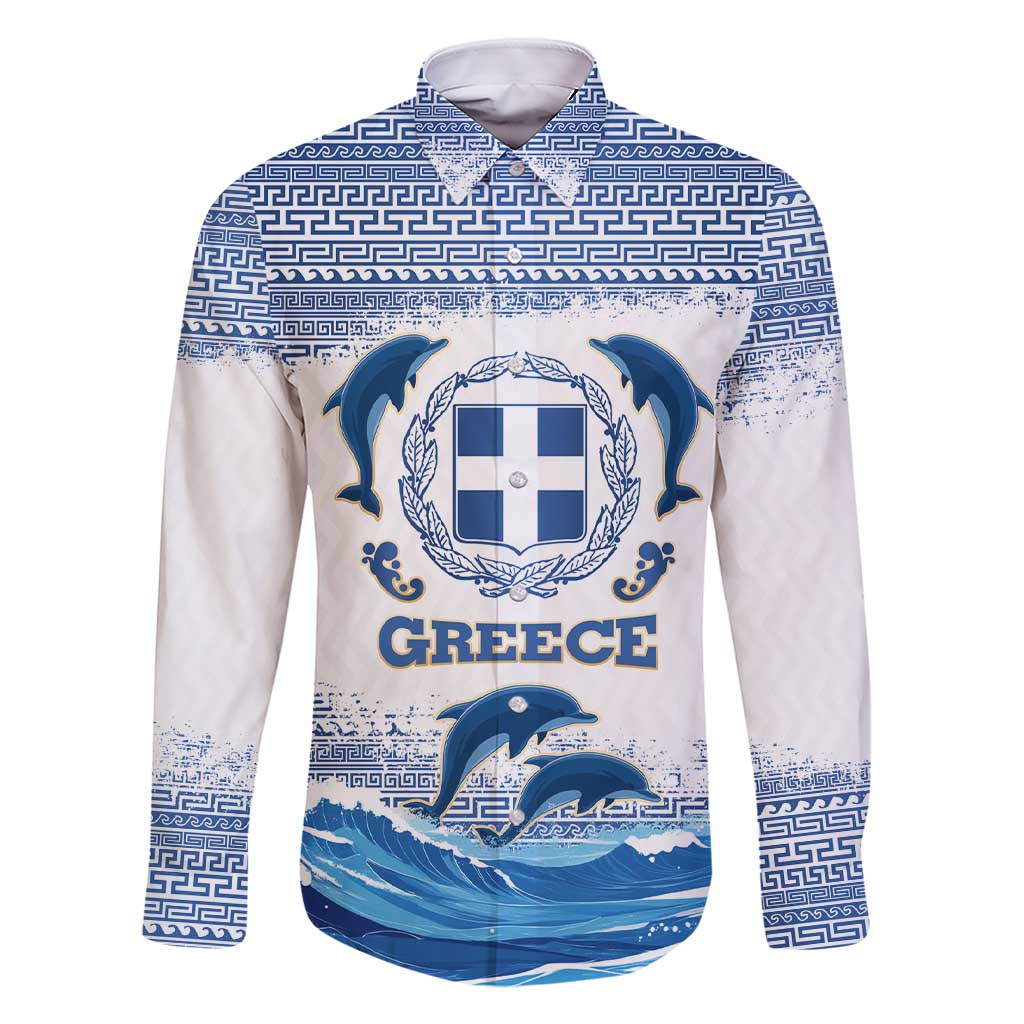 Greece Dolphin Family Matching Short Sleeve Bodycon Dress and Hawaiian Shirt with Greek Key Pattern and Ocean Wave Design
