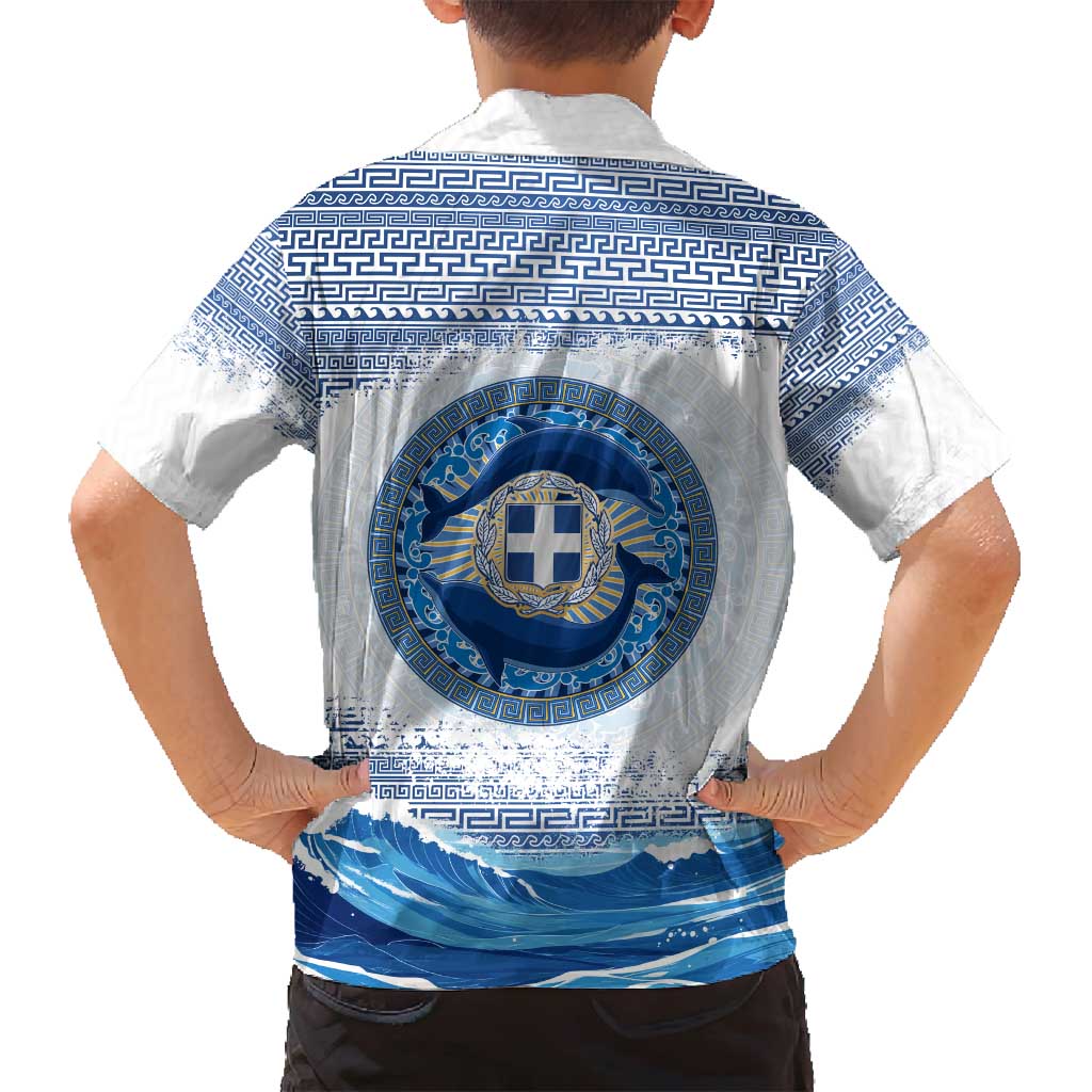 Greece Dolphin Family Matching Summer Maxi Dress and Hawaiian Shirt with Greek Key Pattern and Ocean Wave Design