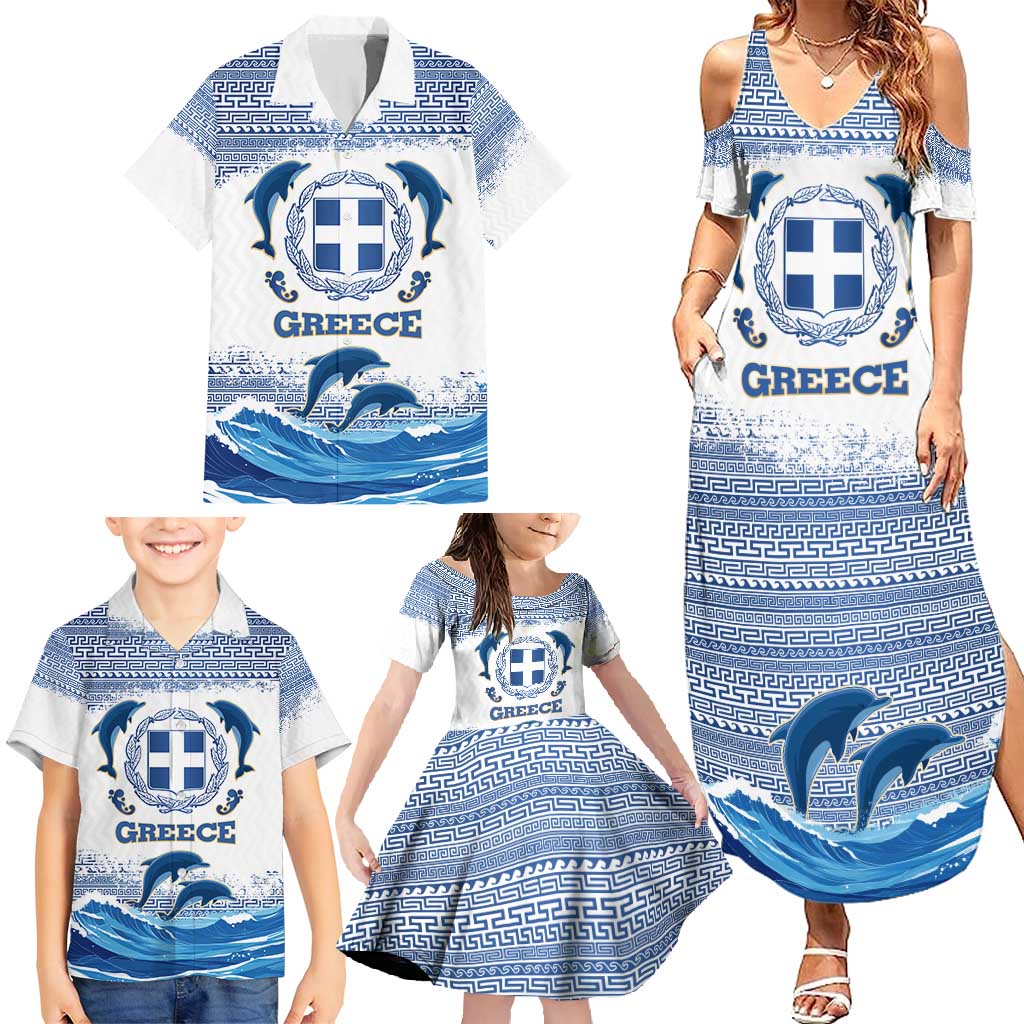 Greece Dolphin Family Matching Summer Maxi Dress and Hawaiian Shirt with Greek Key Pattern and Ocean Wave Design