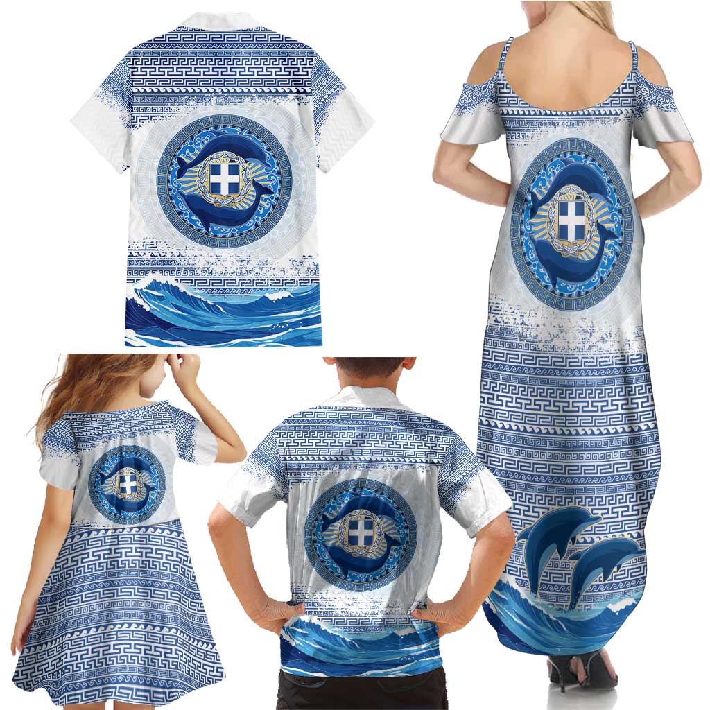 Greece Dolphin Family Matching Summer Maxi Dress and Hawaiian Shirt with Greek Key Pattern and Ocean Wave Design
