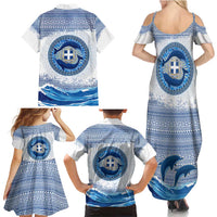 Greece Dolphin Family Matching Summer Maxi Dress and Hawaiian Shirt with Greek Key Pattern and Ocean Wave Design