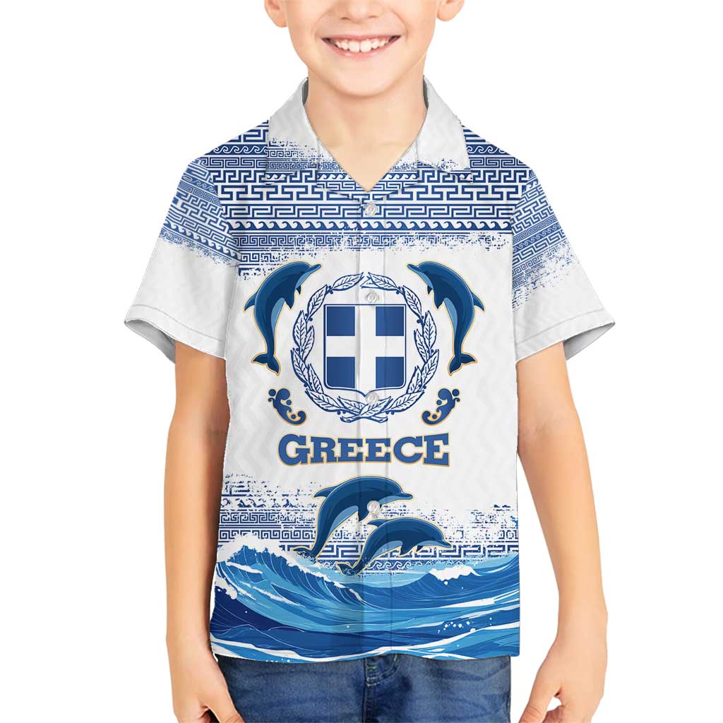 Greece Dolphin Family Matching Summer Maxi Dress and Hawaiian Shirt with Greek Key Pattern and Ocean Wave Design