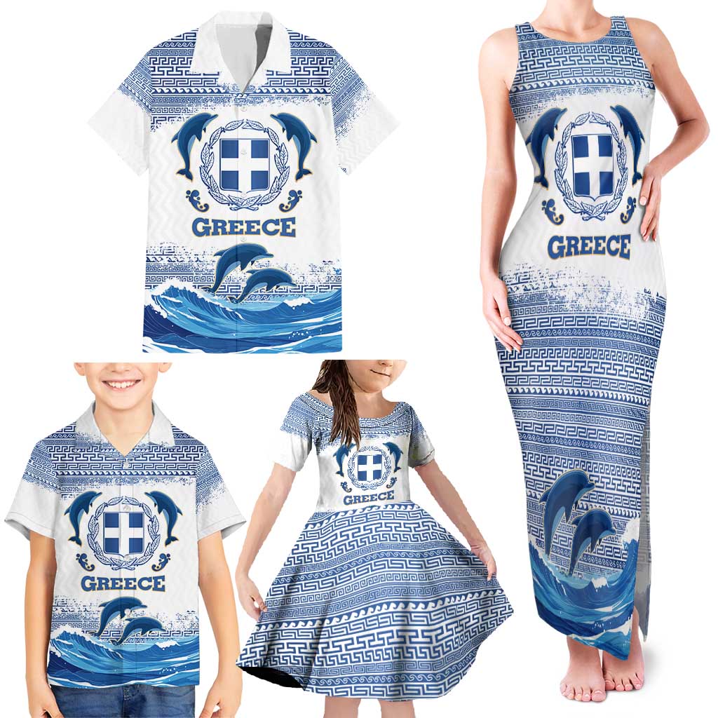 Greece Dolphin Family Matching Tank Maxi Dress and Hawaiian Shirt with Greek Key Pattern and Ocean Wave Design