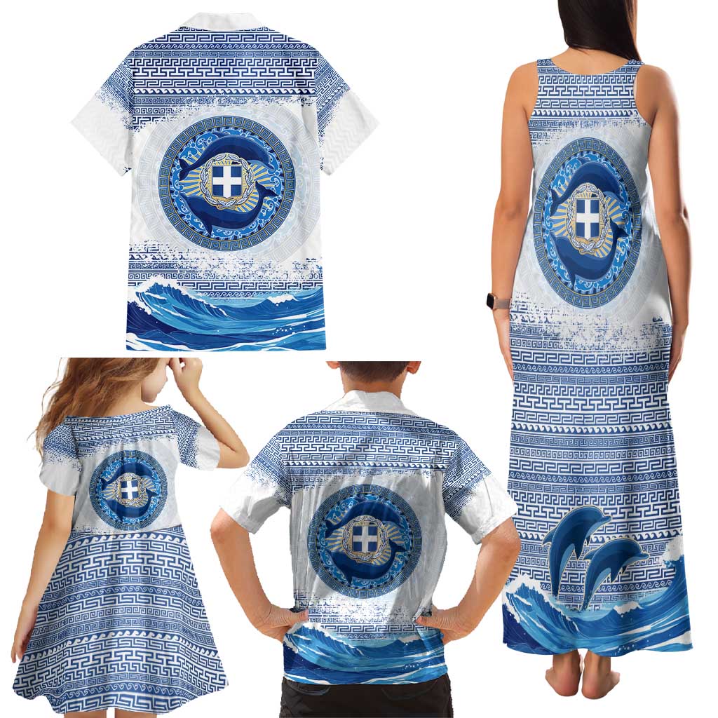 Greece Dolphin Family Matching Tank Maxi Dress and Hawaiian Shirt with Greek Key Pattern and Ocean Wave Design