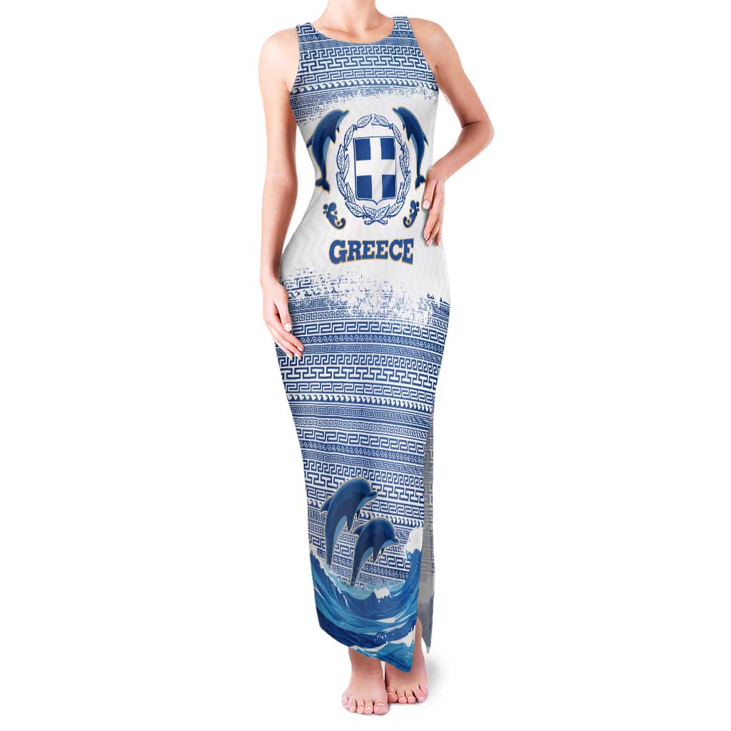Greece Dolphin Family Matching Tank Maxi Dress and Hawaiian Shirt with Greek Key Pattern and Ocean Wave Design