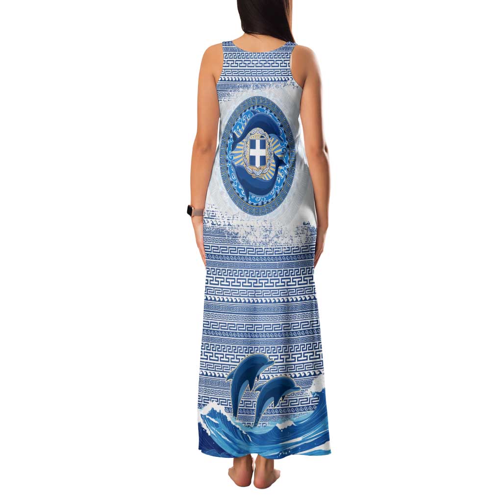 Greece Dolphin Family Matching Tank Maxi Dress and Hawaiian Shirt with Greek Key Pattern and Ocean Wave Design