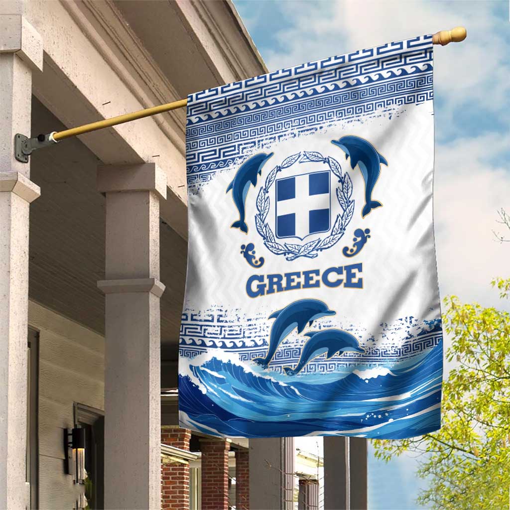 Greece Dolphin Garden Flag with Greek Key Pattern and Ocean Wave Design