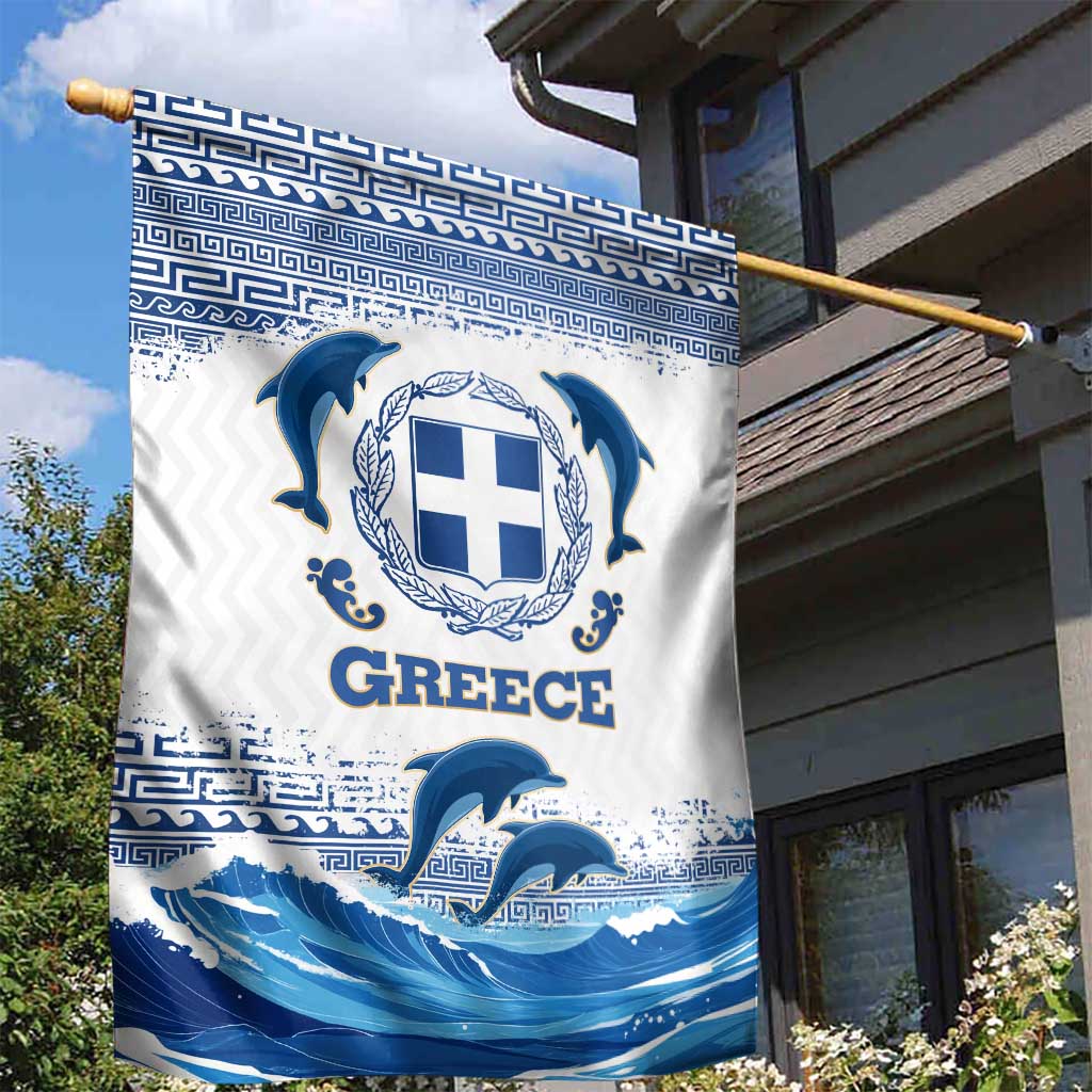 Greece Dolphin Garden Flag with Greek Key Pattern and Ocean Wave Design
