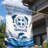 Greece Dolphin Garden Flag with Greek Key Pattern and Ocean Wave Design