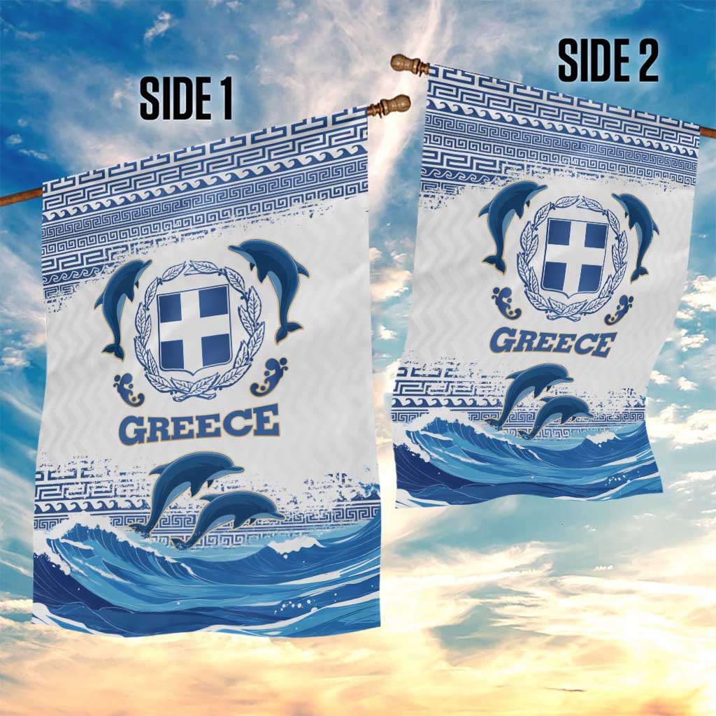 Greece Dolphin Garden Flag with Greek Key Pattern and Ocean Wave Design