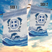Greece Dolphin Garden Flag with Greek Key Pattern and Ocean Wave Design