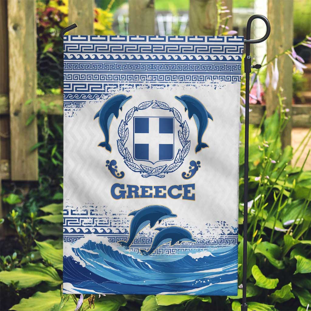Greece Dolphin Garden Flag with Greek Key Pattern and Ocean Wave Design