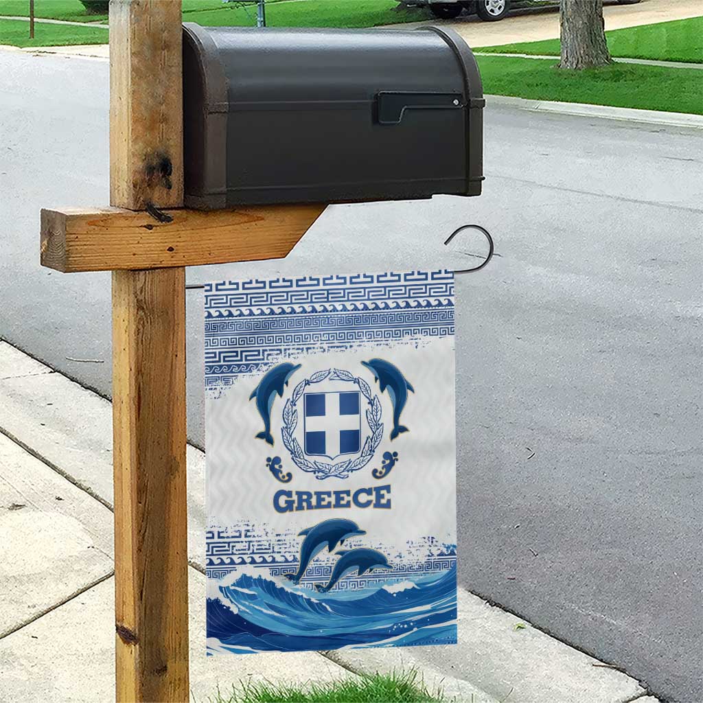 Greece Dolphin Garden Flag with Greek Key Pattern and Ocean Wave Design