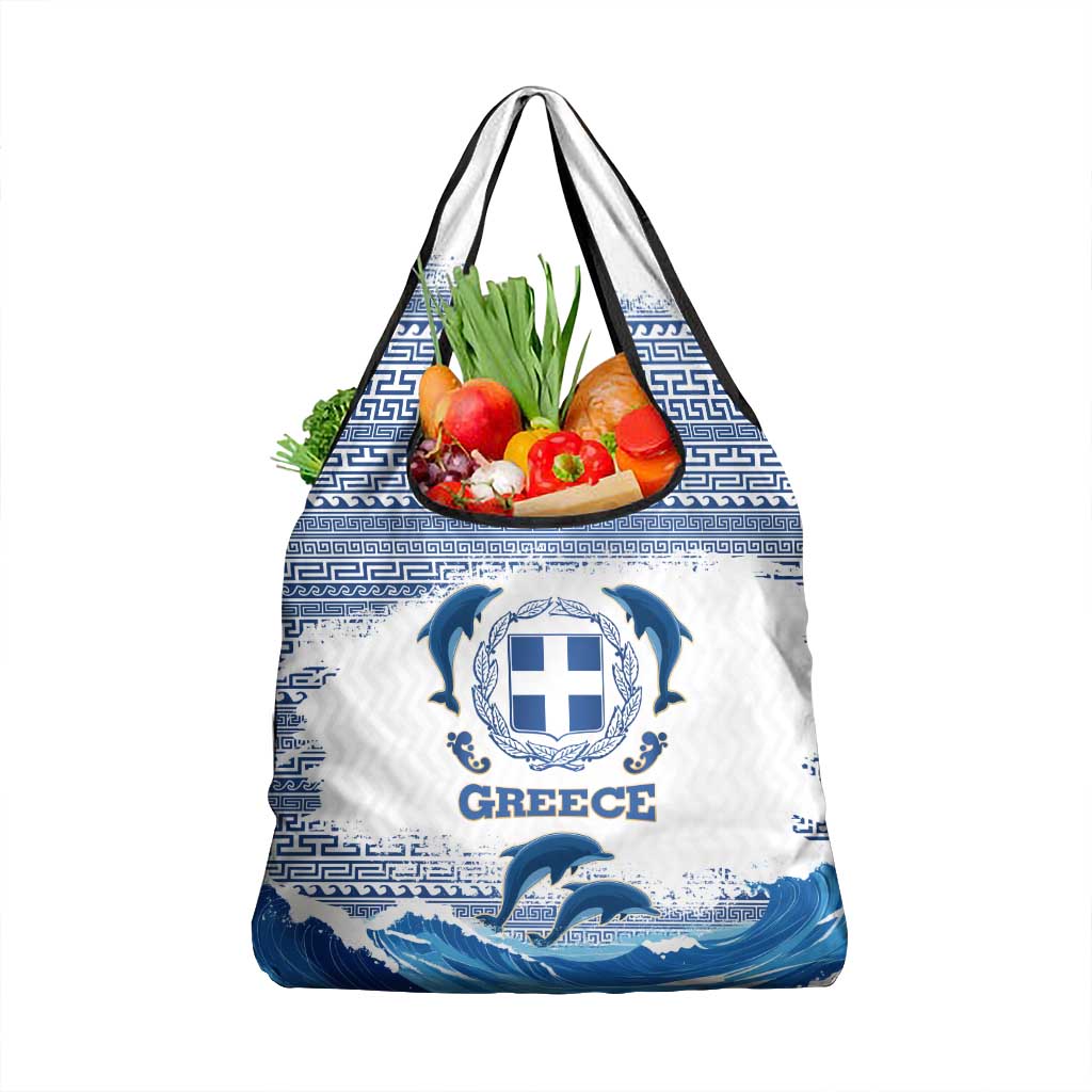 Greece Dolphin Grocery Bag with Greek Key Pattern and Ocean Wave Design